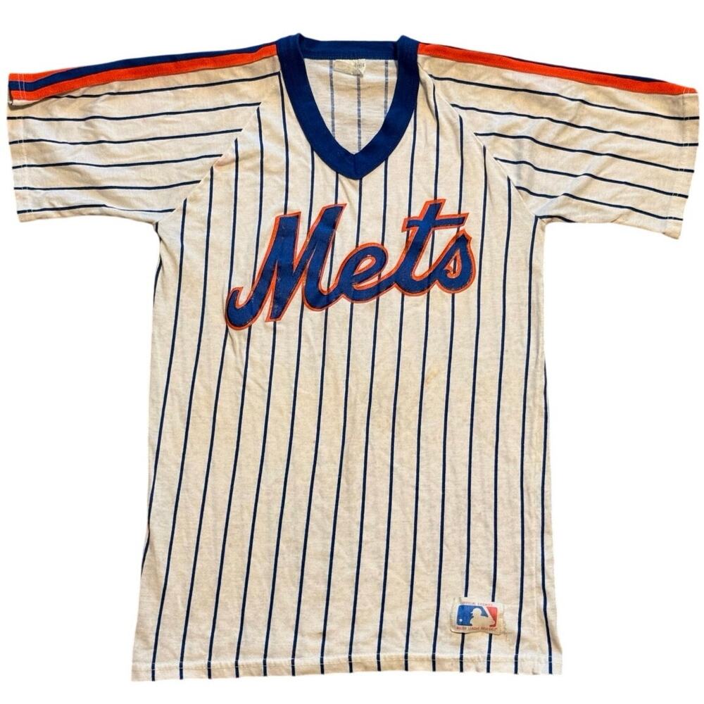 Vintage 80s New York Mets Pinstripe Pullover Jersey Sand-Knit V-Neck Adult Med